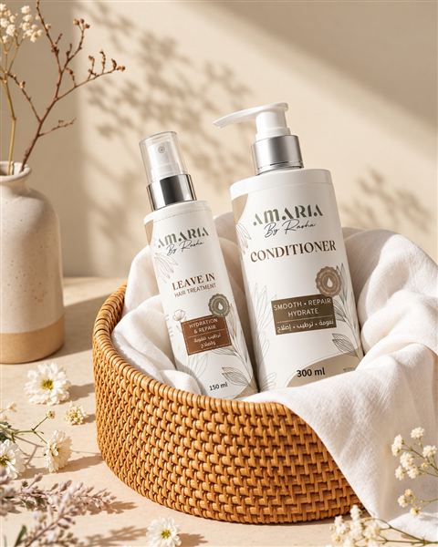 Amaria Leave-In Treatment and Conditioner in a basket with a towel