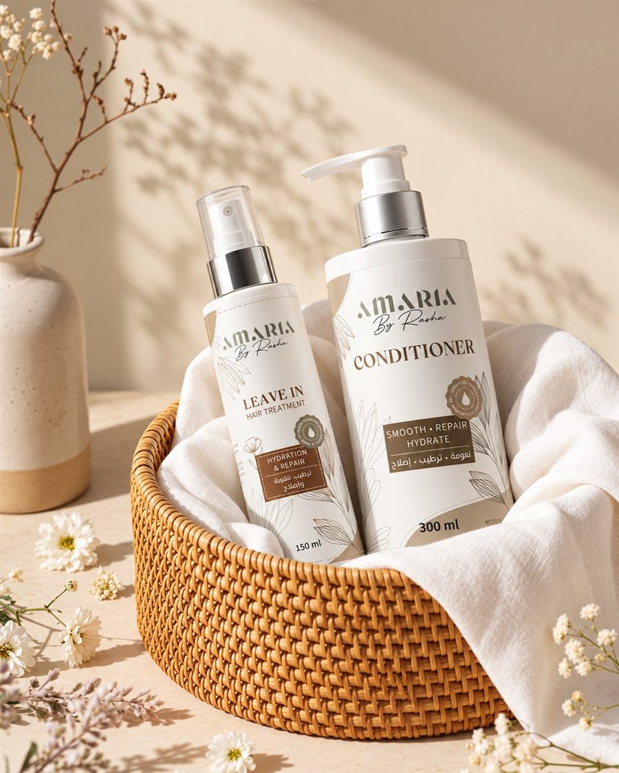 Amaria Leave-In Treatment and Conditioner in a basket with a towel, photo 5