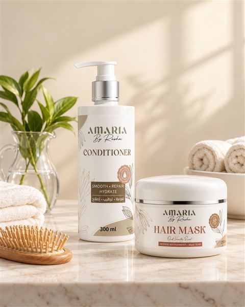 The Amaria Conditioner and Hair Mask on a bathroom shelf