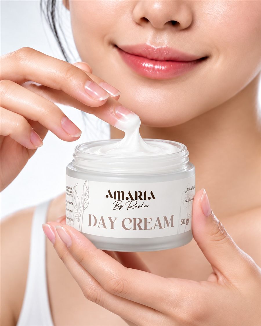 Fingertips touching the Amaria Day Cream