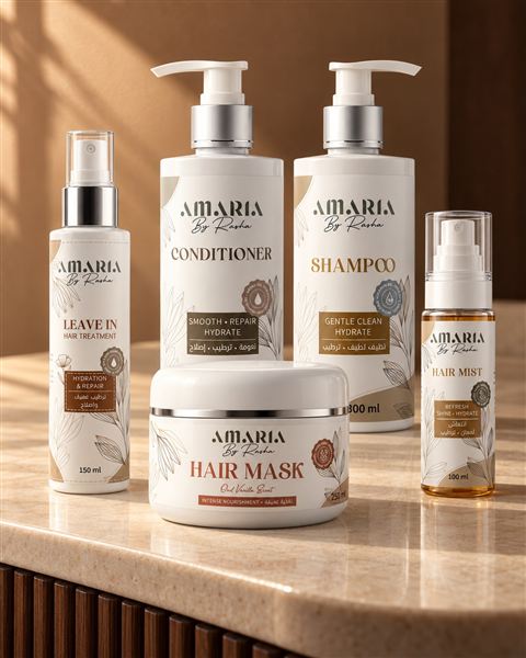 The Amaria hair collection on a marble counter