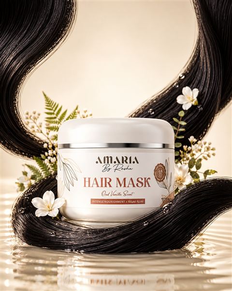 The Amaria Hair Mask in a swirl of black hair and flowers