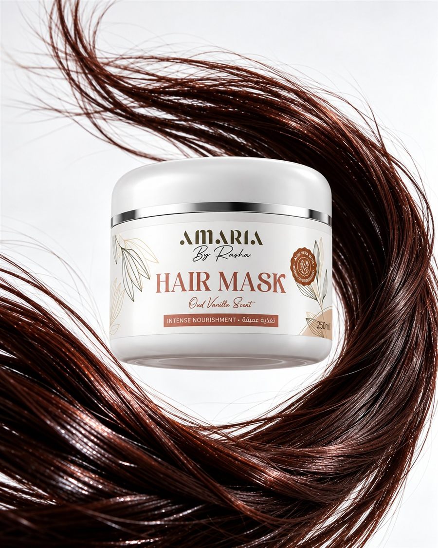 The Amaria Hair Mask among flowing dark hair