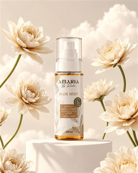 The Amaria Hair Mist surrounded by cream flowers