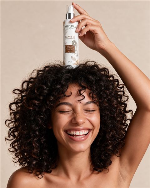 A woman with curly hair laughing, an Amaria Leave-In Treatment balanced on her head