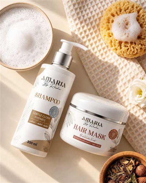 The Amaria Shampoo and Hair Mask with a sponge and bath salts