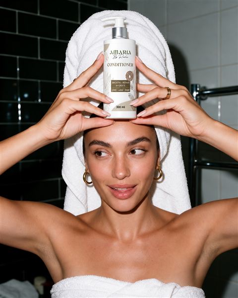 A woman in a towel holding the Amaria Conditioner above her head