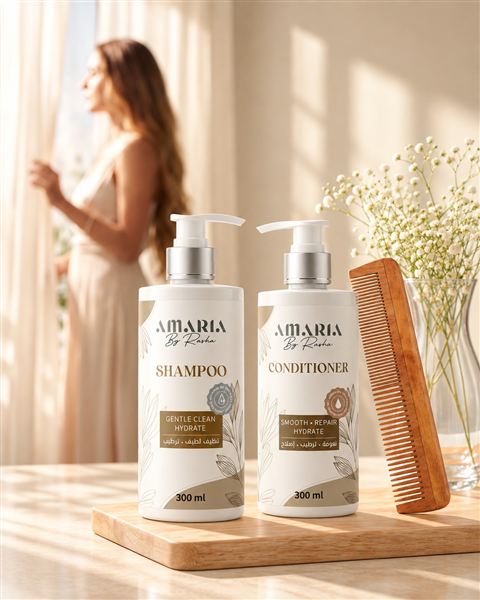 A woman by a sunlit window beside the Amaria Shampoo and Conditioner